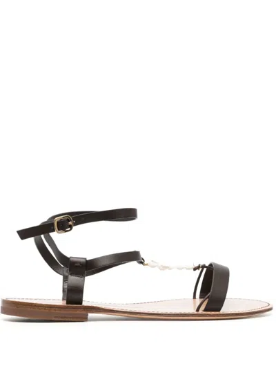 Santoni Shell T-bar Flat Leather Sandals In Brown
