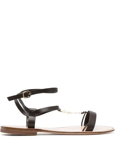 Santoni Shell T-bar Flat Leather Sandals In Brown