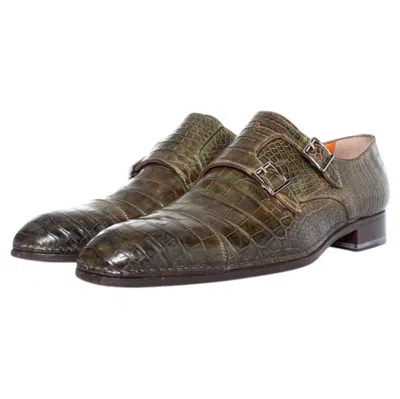 Pre-owned Santoni , Shoes In Olive Green Alligator Leather