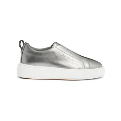 Santoni Silver Laminated Leather Slip-on Sneaker