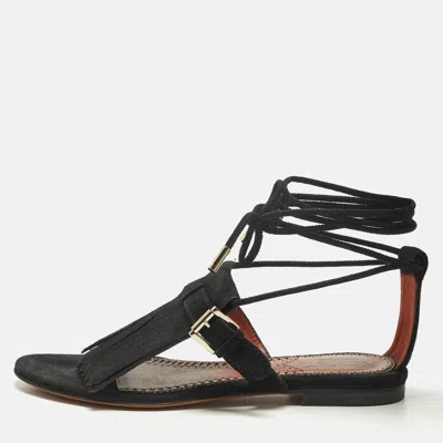 Pre-owned Santoni Size 36 Black Suede Fringe Flat Sandals
