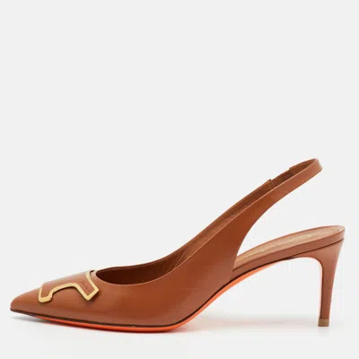 Pre-owned Santoni Size 39 Brown Leather Pointed Toe Slingback Pumps