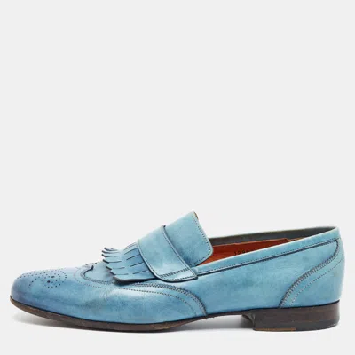 Pre-owned Santoni Size 44 Blue Leather Tassel Loafers