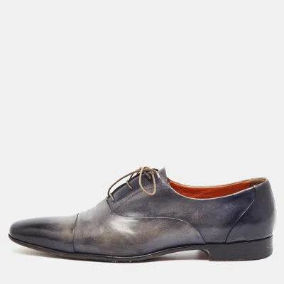 Pre-owned Santoni Size 44.5 Grey/navy Blue Leather Lace Up Oxfords In Gray