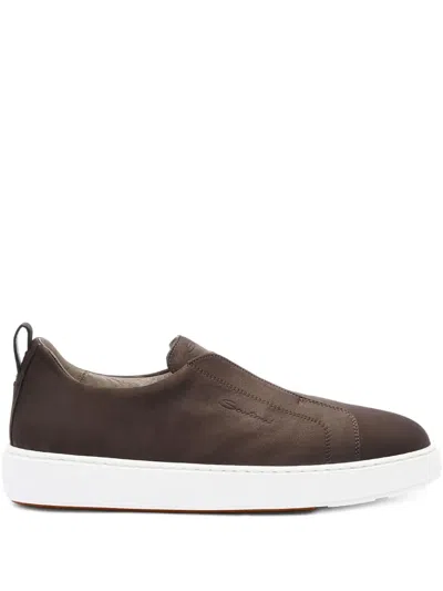 Santoni Slip-on Calfskin Leather Sneakers In Brown
