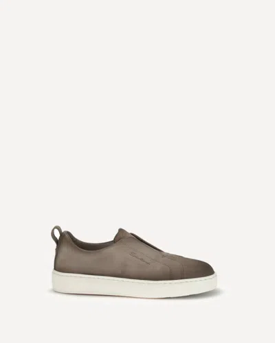 Santoni Beige Calf Leather Bos Taurus Low Top Sneakers In Brown