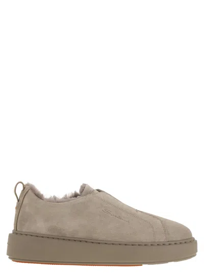 SANTONI SLIP-ON SUEDE SNEAKERS WITH FUR