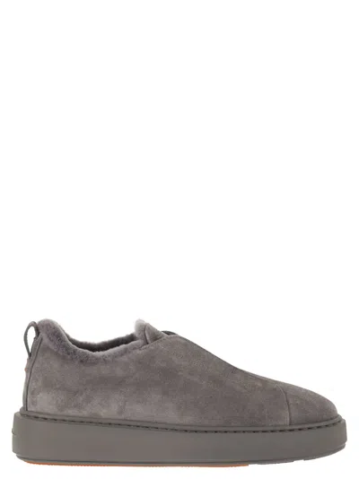 Santoni Slip-on Suede Sneakers With Fur In Gray