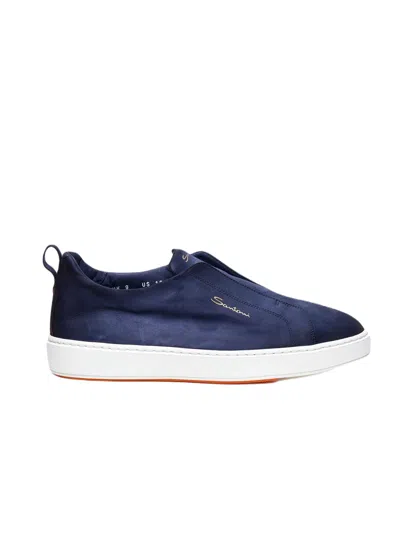 Santoni Slip-on Suede Sneakers With Rounded Toe And Decorative Buckle In Blue