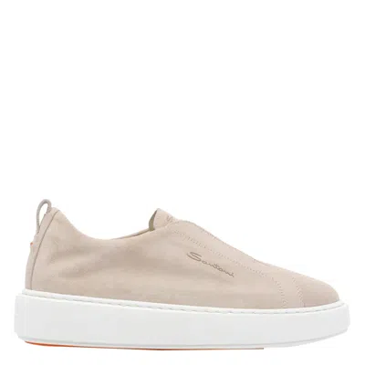 Santoni Leather Sneakers With Suede Finish And Contrast Sole In Neutral