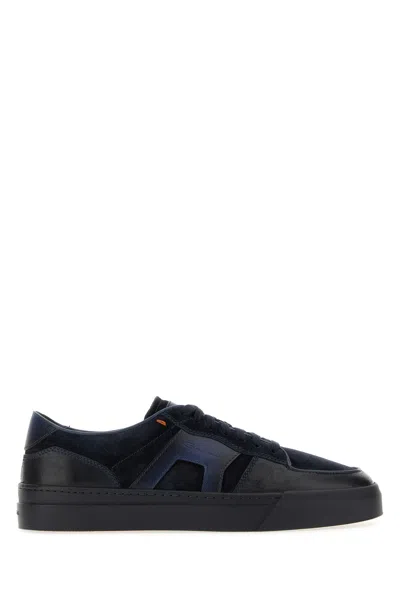 Santoni Blue Leather And Suede Sport Sneakers In Animal Print