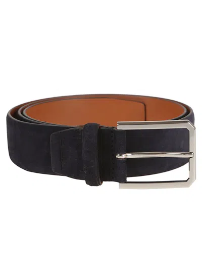 Santoni Soft Suede Belt With Square Metal Buckle In Blue