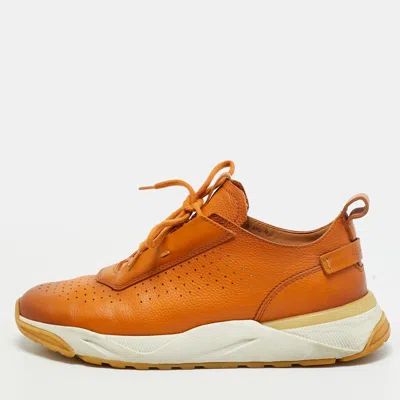 Pre-owned Santoni Sport Size 42 Orange Perforated Leather Lace Up Sneakers