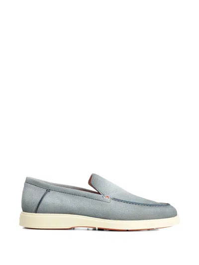 Santoni Light Blue Suede Penny Loafer In Gray