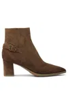 Santoni Block Heel Suede Ankle Boots With Buckle In Brown
