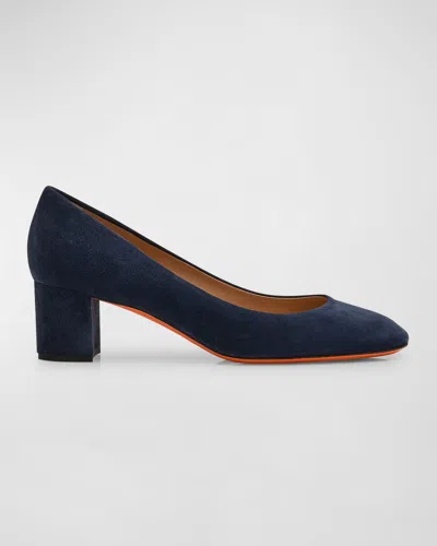 Santoni Suede Block-heel Pumps In Navy