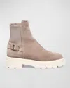 Santoni Suede Buckle Lug-sole Ankle Boots In Beige