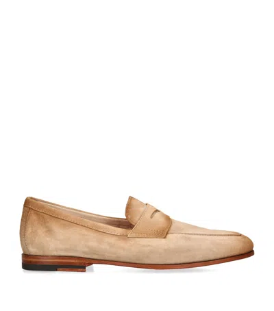 Santoni Suede Carlos Penny Loafers In Beige