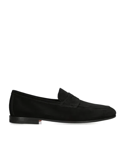 Santoni Mens Black Carlos Suede Penny Loafers
