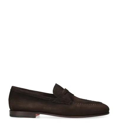 Santoni Suede Carlos Penny Loafers In Brown