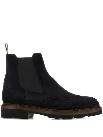 Santoni Midnight Blue Suede Kalama Ankle Boots In Animal Print