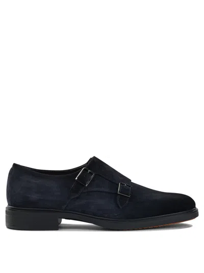 Santoni Suede Double Buckle Loafers In Blue