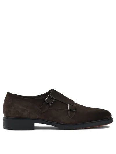 Santoni Suede Double Buckle Loafers In Brown