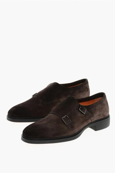 Santoni Double Buckle Loafers Made From Suede In Brown
