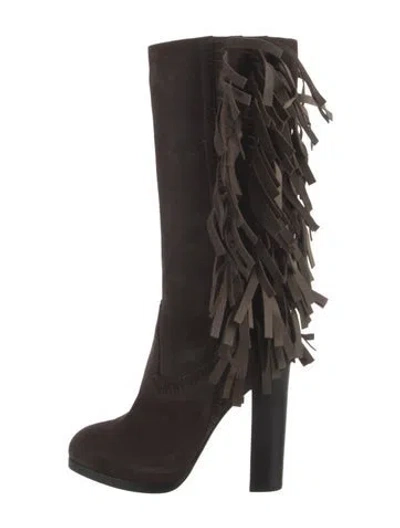 Pre-owned Santoni Suede Fringe Trim Accent Boots In Brown