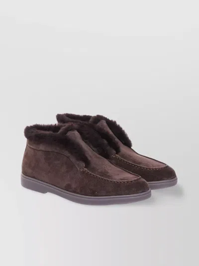 Santoni Suede Fur Trim Ankle Height Loafers In Brown