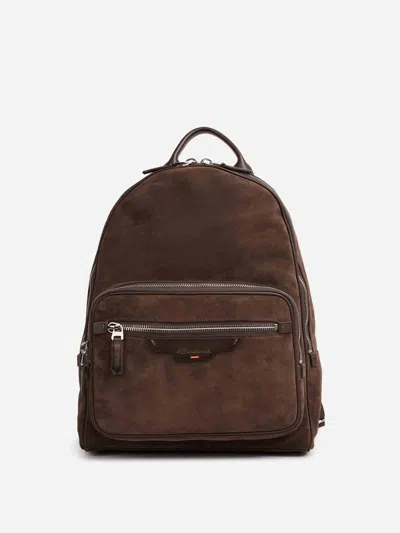 Santoni Suede Leather Backpack In Brown