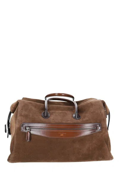Santoni Suede Leather Handcrafted Weekender Bag In Grey