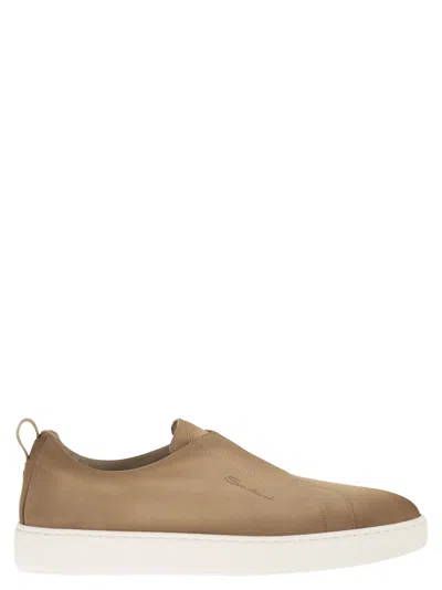 Santoni Suede Leather Slip-on Trainers With Rubber Sole In Neutral