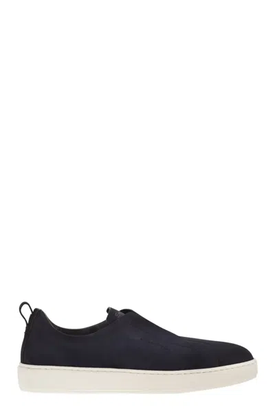 Santoni Suede Leather Slip-on Trainers With Rubber Sole In Blue