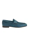 Santoni Goodyear Man Loafers Slate Blue Size 12.5 Leather In Blue