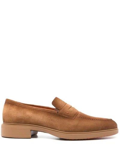 Santoni Almond-toe Suede Loafers In Braun