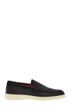 Santoni Suede Moccasins With Wide Sole And Signature Detailing In Black