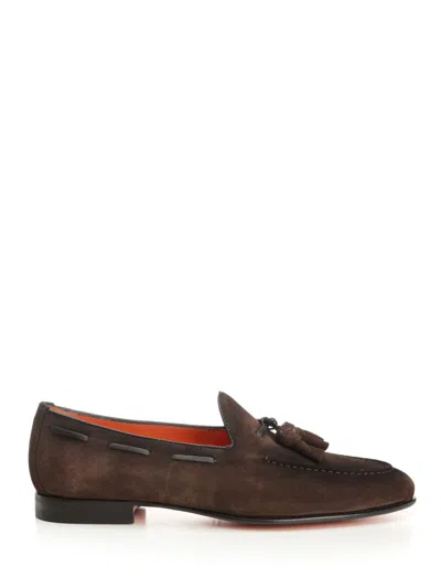 Santoni Suede Moccasin With Tassels In Burgundy