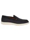 Santoni Suede Moccasins With Wide Sole And Signature Detailing In Black