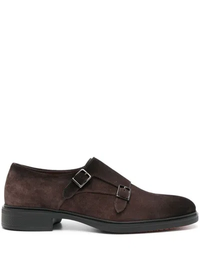 Santoni Monk Strap Calf Suede Loafers With Double Buckle Closure In Brown