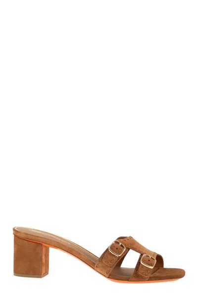 Santoni Suede Mule Sandals With Double Buckle And Block Heel In Brown
