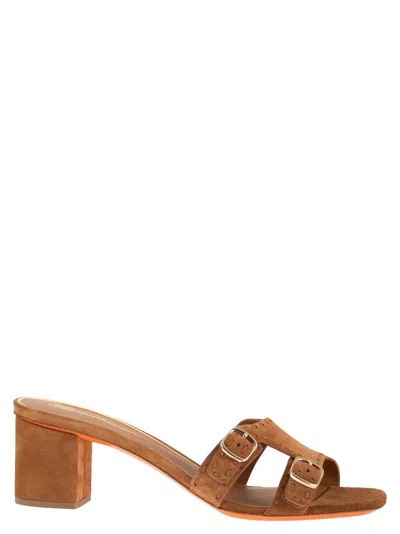 Santoni Suede Mule Sandals With Double Buckle And Block Heel In Brown