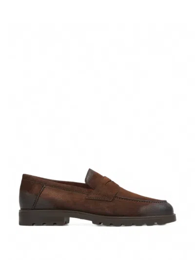 Santoni Suede Penny Loafers In Brown