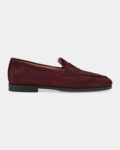 Santoni Suede Penny Loafers In Burgundy