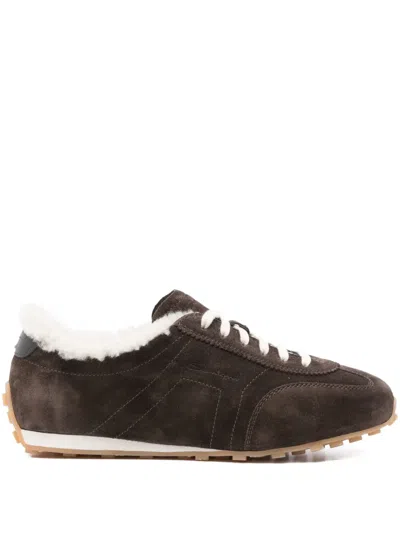 Santoni Suede Shearling Sneakers In Brown