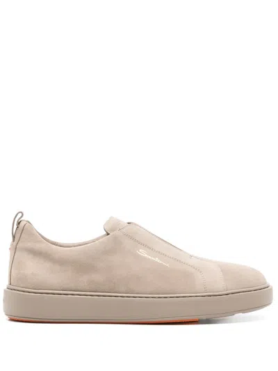 Santoni Suede Slip-on Sneakers With Discrete Logo And Contemporary Design In Brown