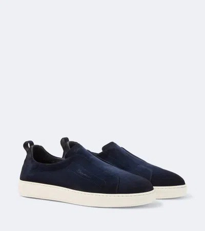Santoni Suede Leather Slip-on Trainers With Rubber Sole In Black