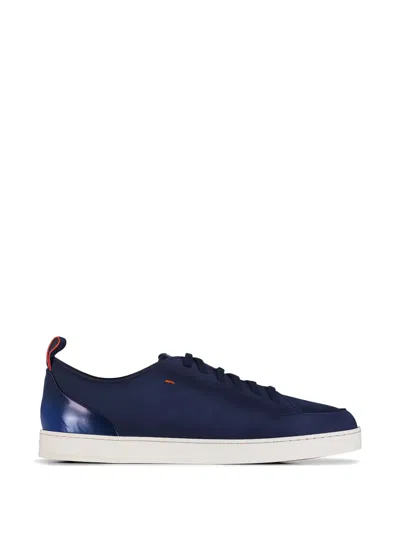 Santoni Blue Calf Leather Bos Taurus Low Top Sneakers In Black
