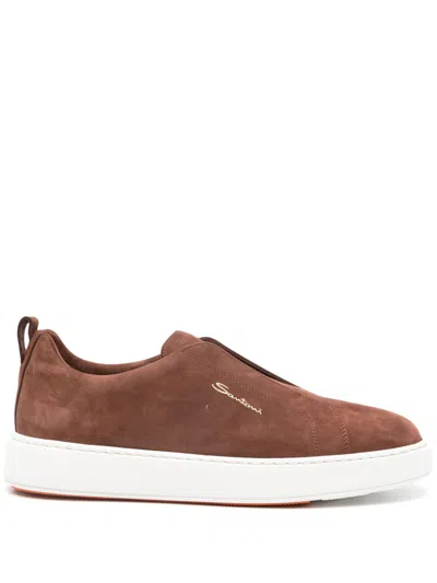 Santoni Mens Dark Brown Clean Icon Branded Suede Trainers Eur 45 / 11 Uk