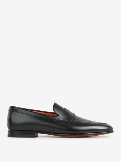 Santoni Leather Penny Loafers In Black